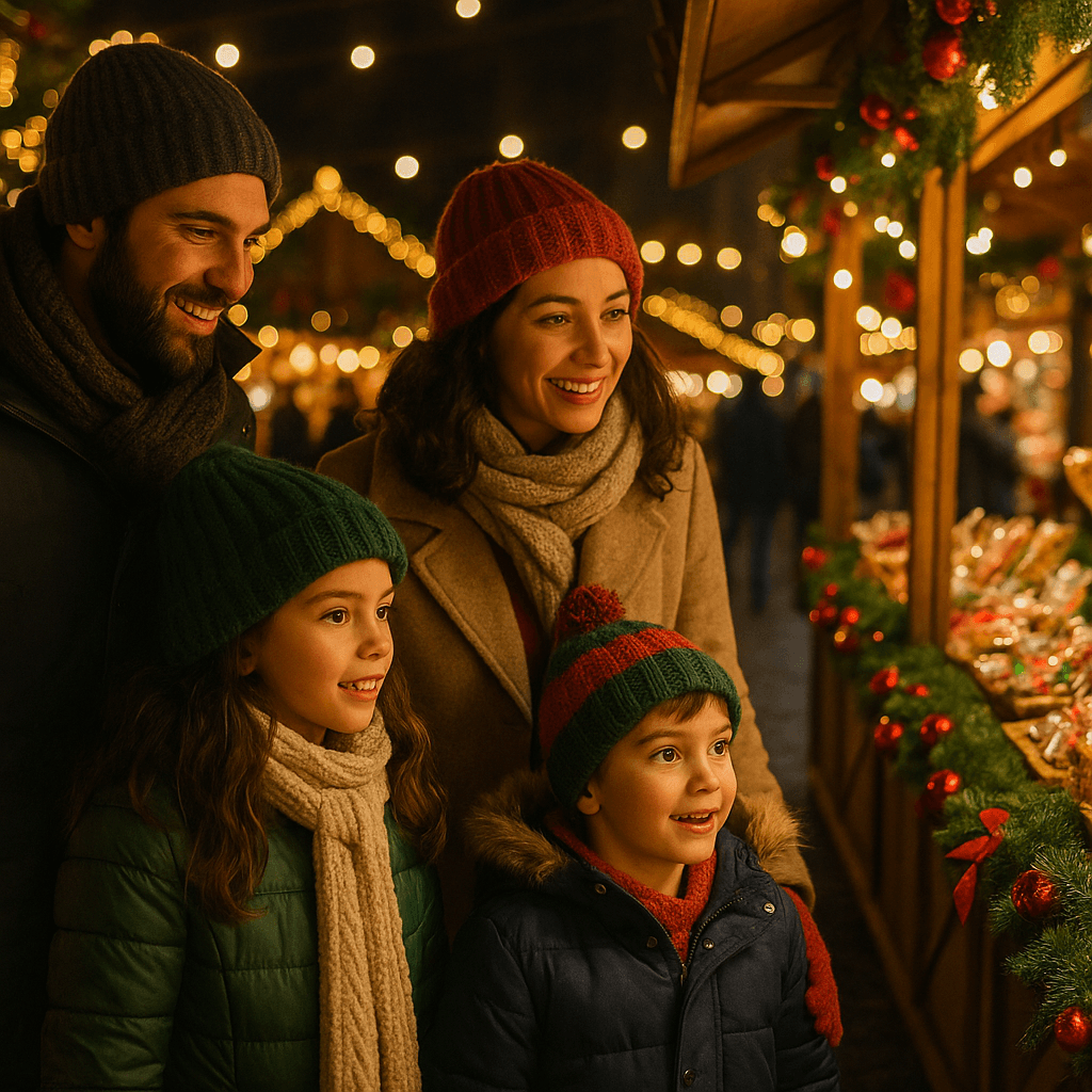 Familia española disfrutando del mercado navideño en Reino Unido con luces festivas por la noche