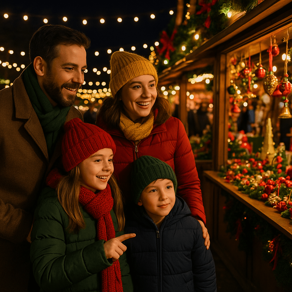 Familia española disfrutando de un mercadillo navideño al aire libre en el Reino Unido por la tarde