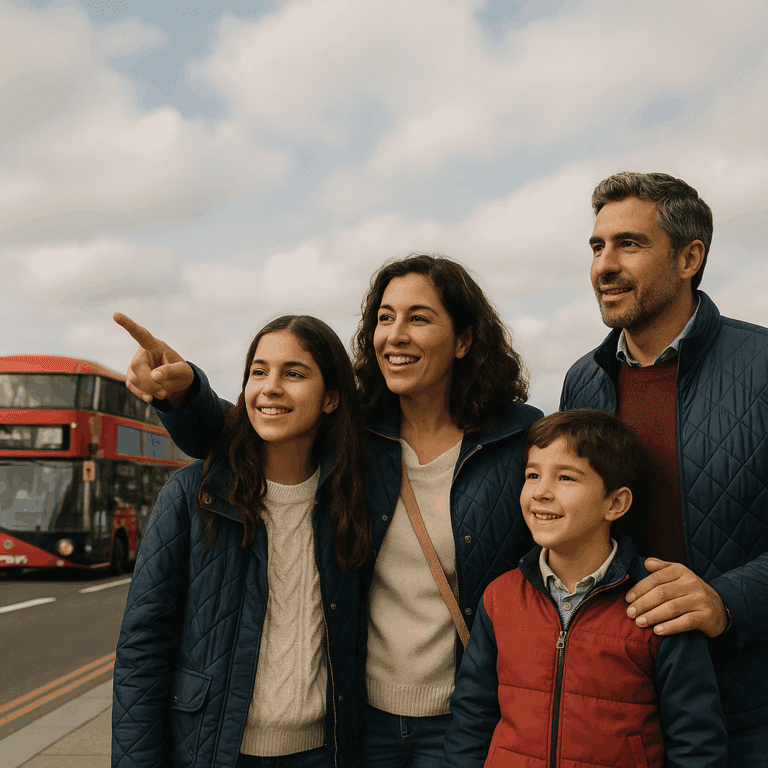 Familia española explorando Londres con Big Ben y autobuses rojos al fondo