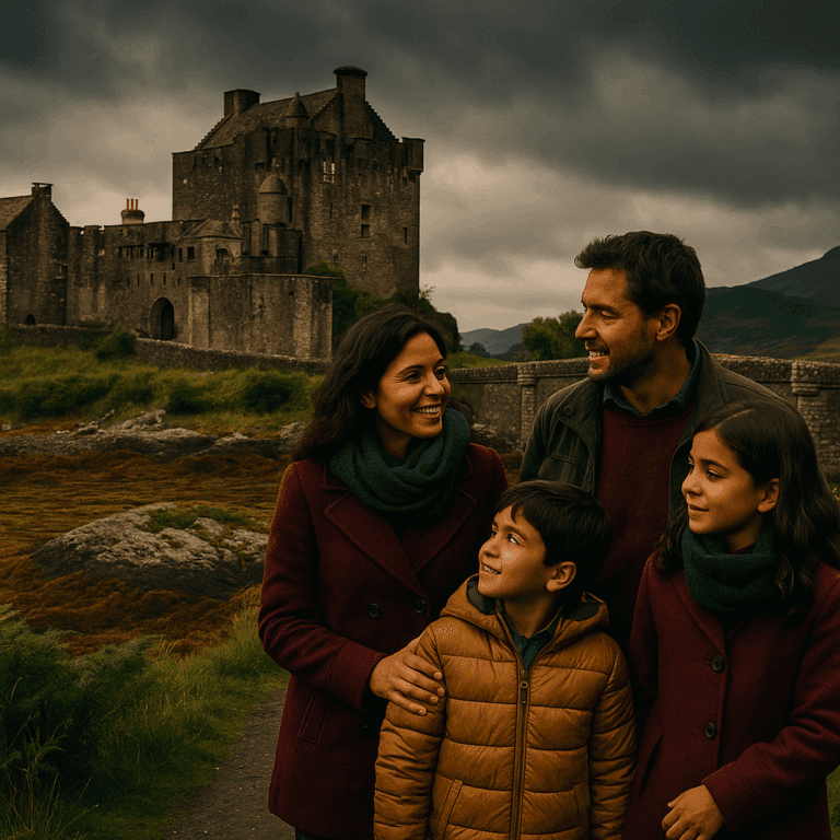 Familia española visitando un castillo escocés rodeado de naturaleza