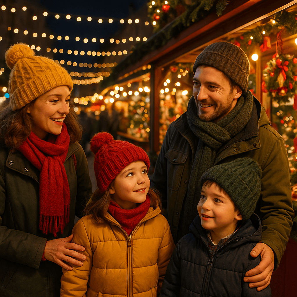 Familia española en mercado navideño del Reino Unido con luces festivas