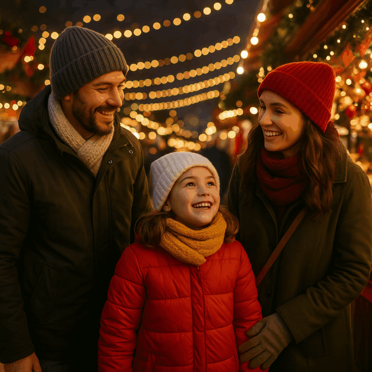 Familia española disfrutando de un mercado navideño en Reino Unido con luces festivas al atardecer