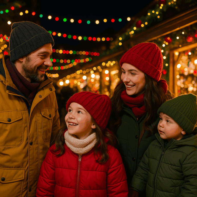 Familia española visitando mercado navideño en Reino Unido con luces festivas por la noche