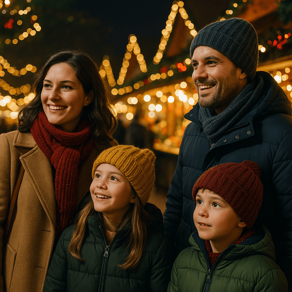 Familia española disfrutando mercado navideño al atardecer en Reino Unido con luces y decoración festiva