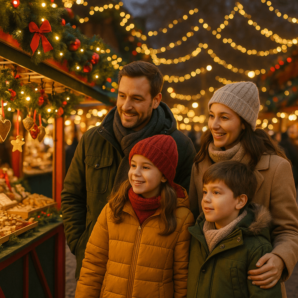 Familia española en mercado navideño del Reino Unido con luces festivas y decoración roja, verde y dorada