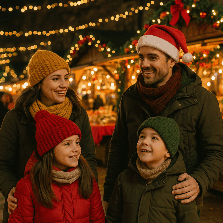 Familia española visitando un mercado navideño en el Reino Unido al anochecer con luces festivas
