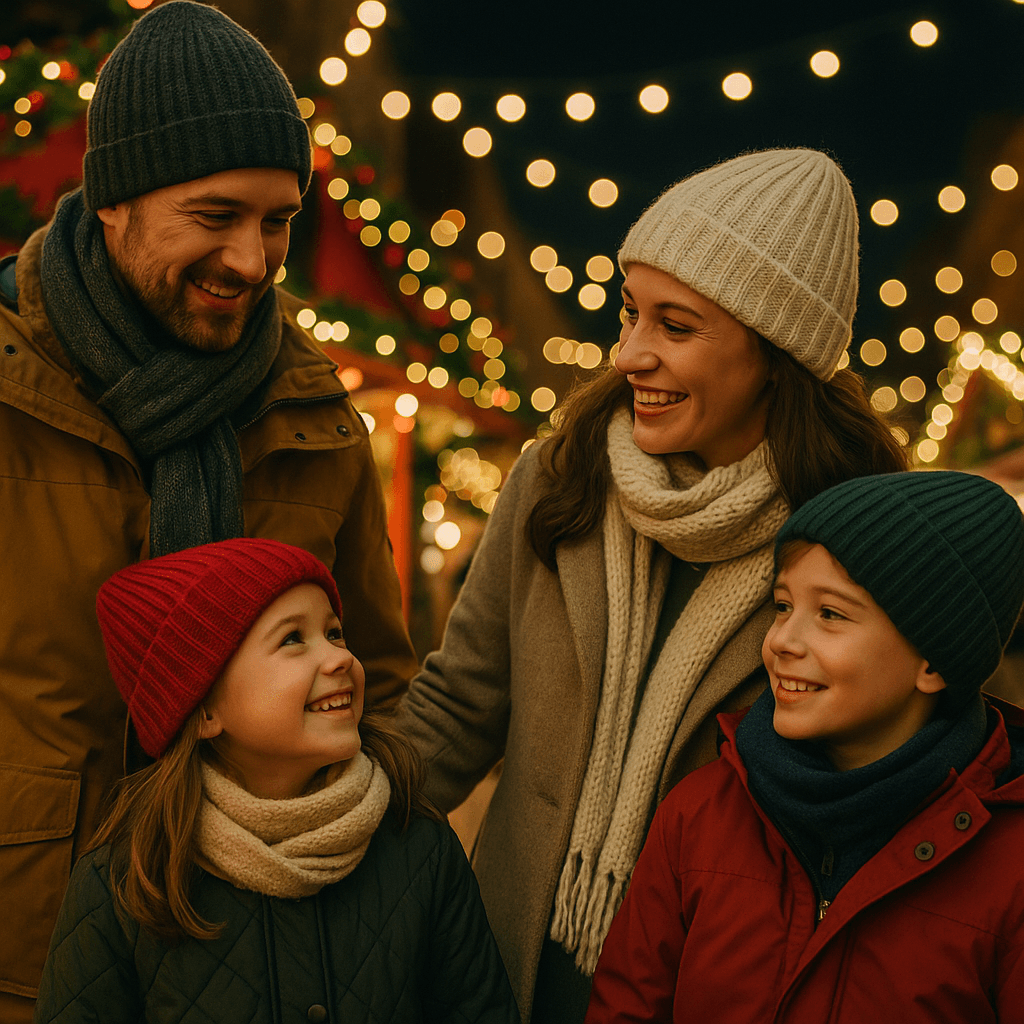 Familia española en mercado navideño del Reino Unido con luces festivas