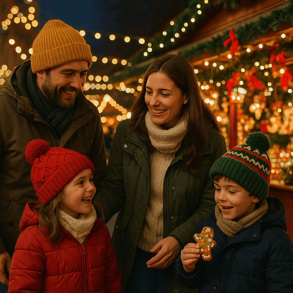 Familia española disfrutando de un mercado navideño en Reino Unido al anochecer con luces festivas