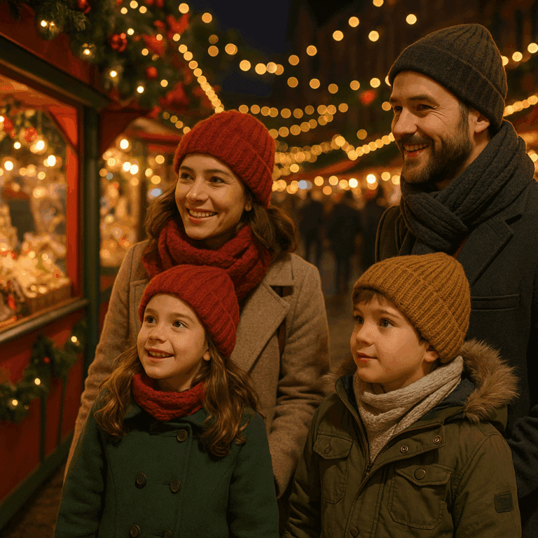 Familia española disfrutando de un mercado navideño con luces festivas en el Reino Unido en 2026