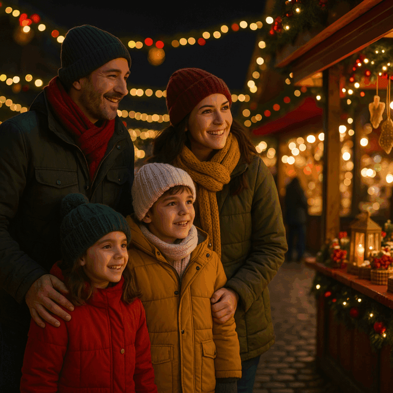 Familia española disfrutando de un mercado navideño en Reino Unido por la noche con luces festivas
