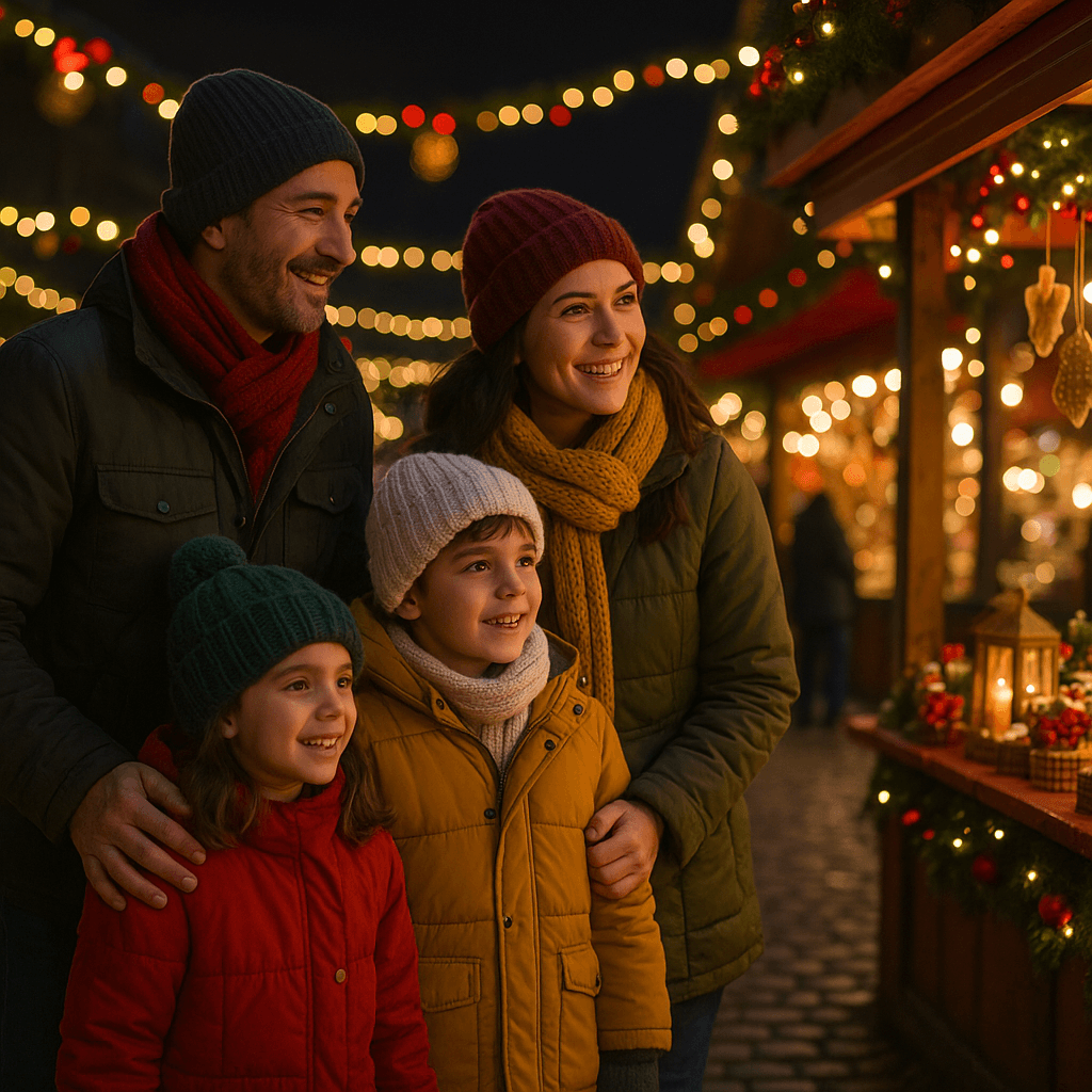 Familia española disfrutando de un mercado navideño en Reino Unido por la noche con luces festivas