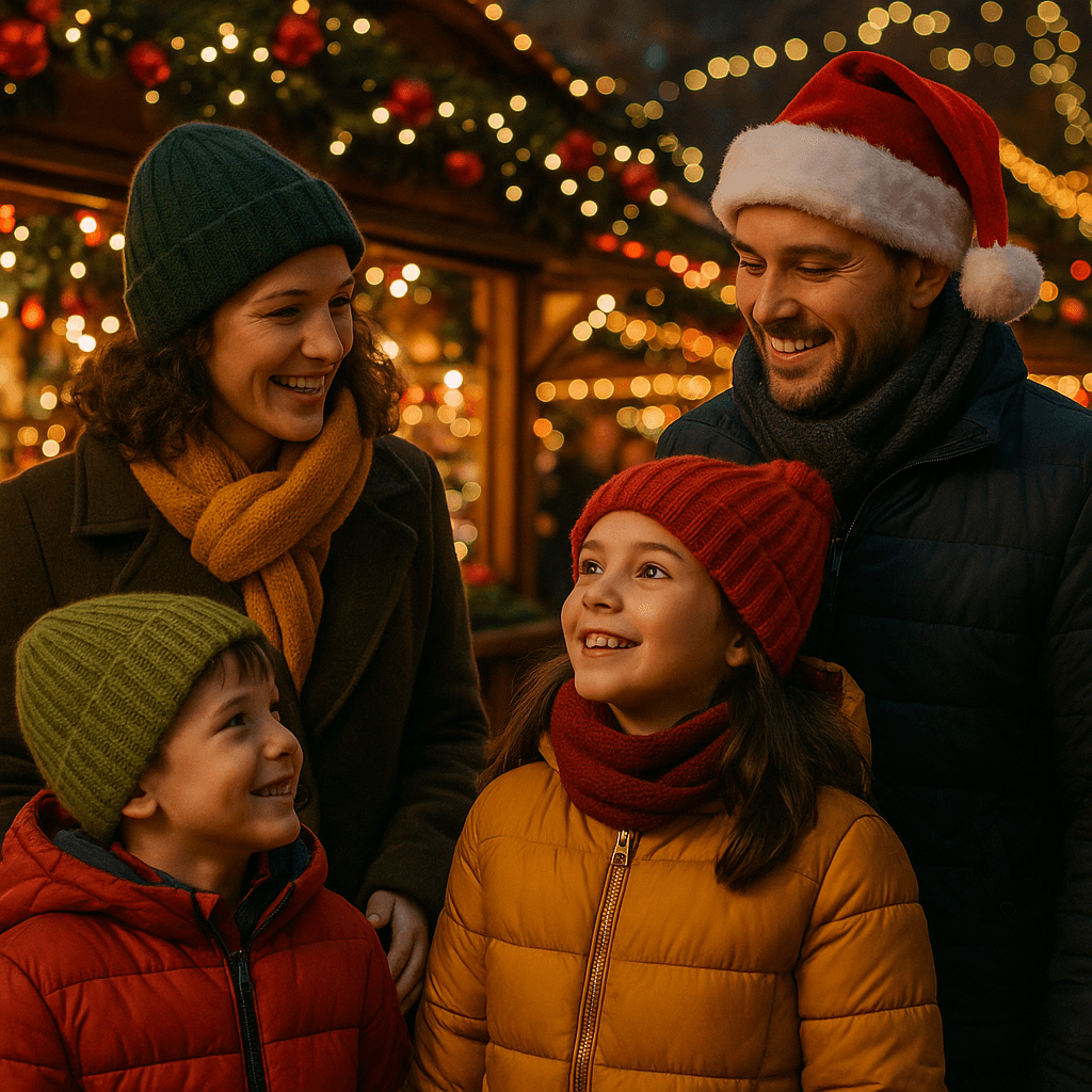 Familia española disfrutando de un mercado navideño en Reino Unido con luces festivas