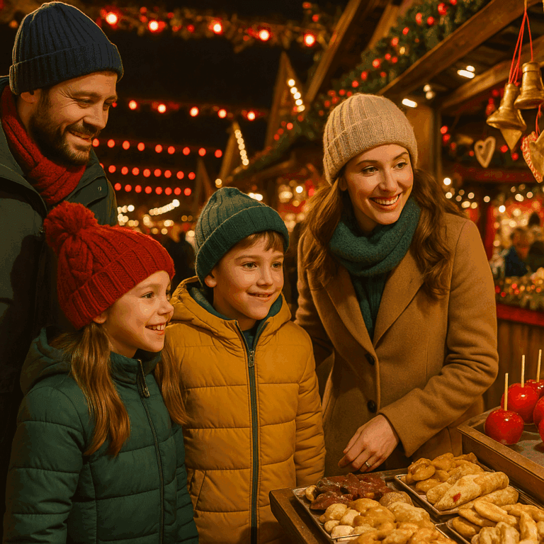 Familia española paseando por un mercado navideño en Reino Unido con luces y decoración festiva