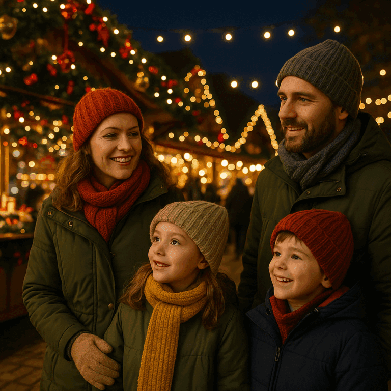 Familia española disfrutando de un mercado navideño en Reino Unido con luces festivas