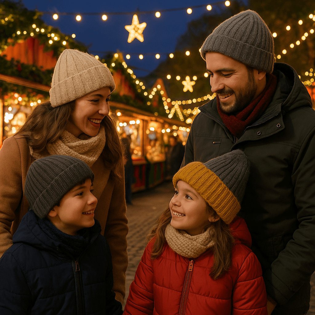 Familia española visitando un mercado navideño al aire libre en Reino Unido con luces festivas por la tarde