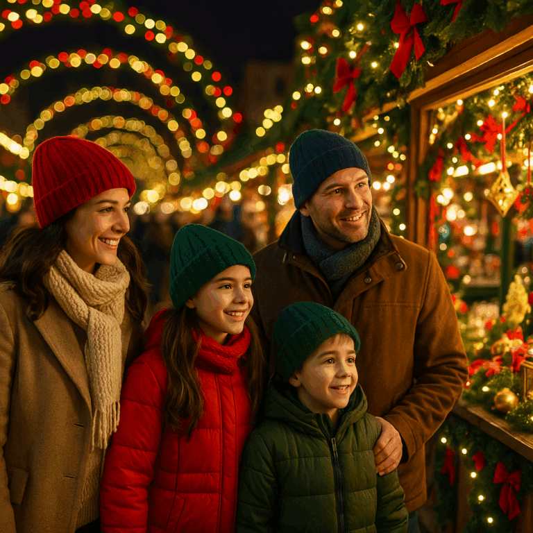 Familia española visitando un mercadillo navideño en Reino Unido con luces festivas de noche