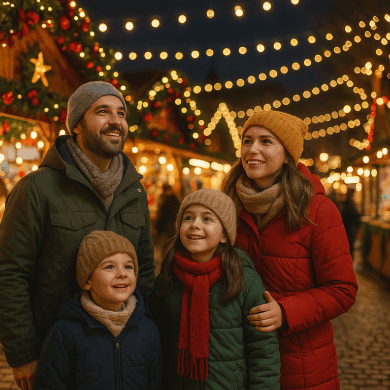 Familia española en un mercado navideño del Reino Unido por la noche con luces festivas