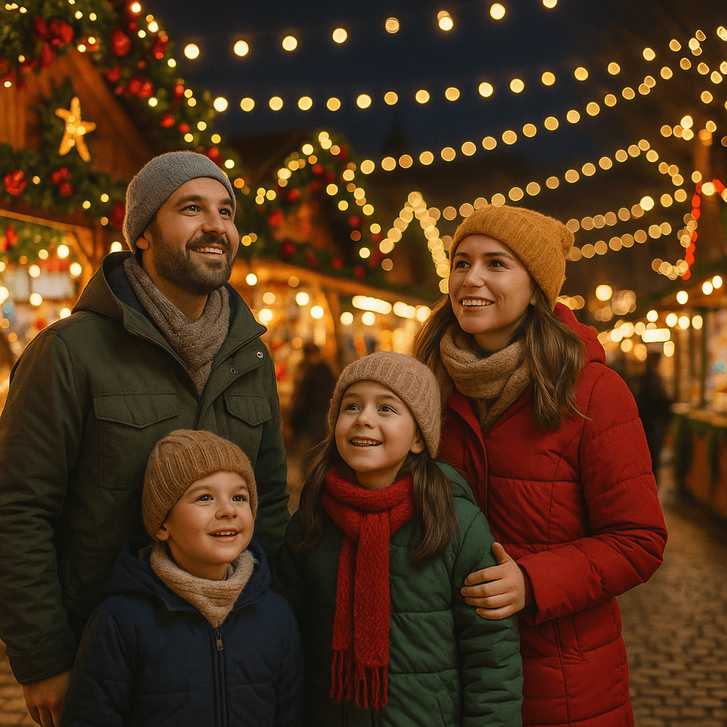 Familia española en un mercado navideño del Reino Unido por la noche con luces festivas