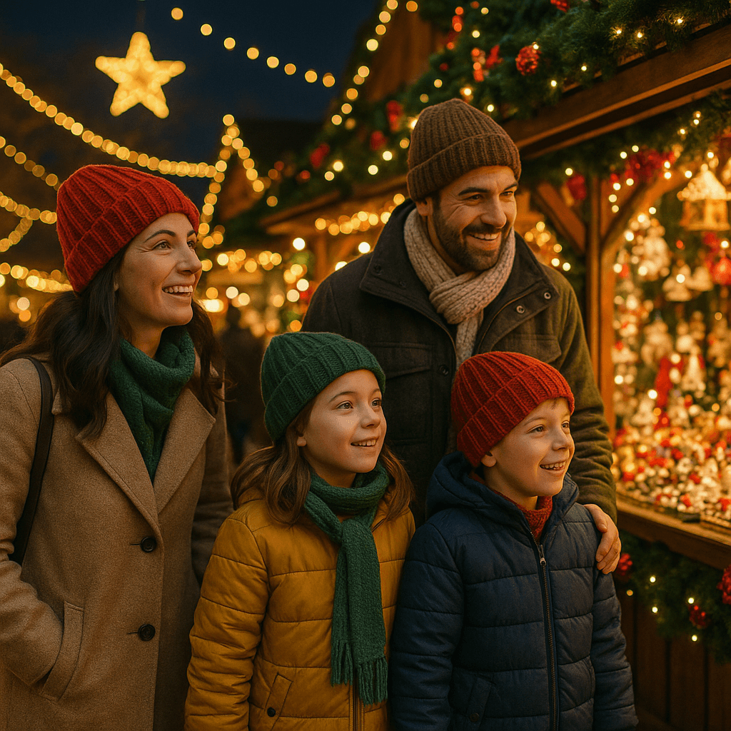 Familia española disfrutando en un mercado navideño al aire libre en Reino Unido al anochecer con luces festivas