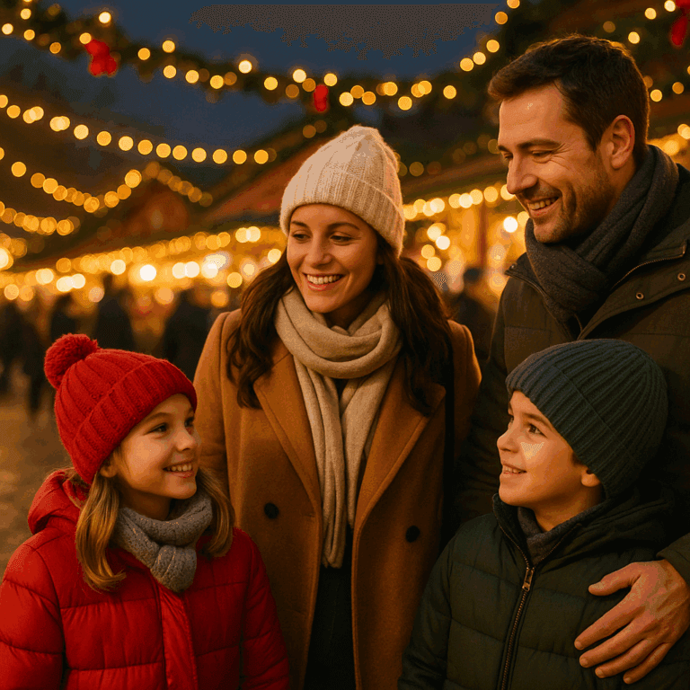 Familia española disfrutando de mercado navideño en Reino Unido con luces festivas al atardecer