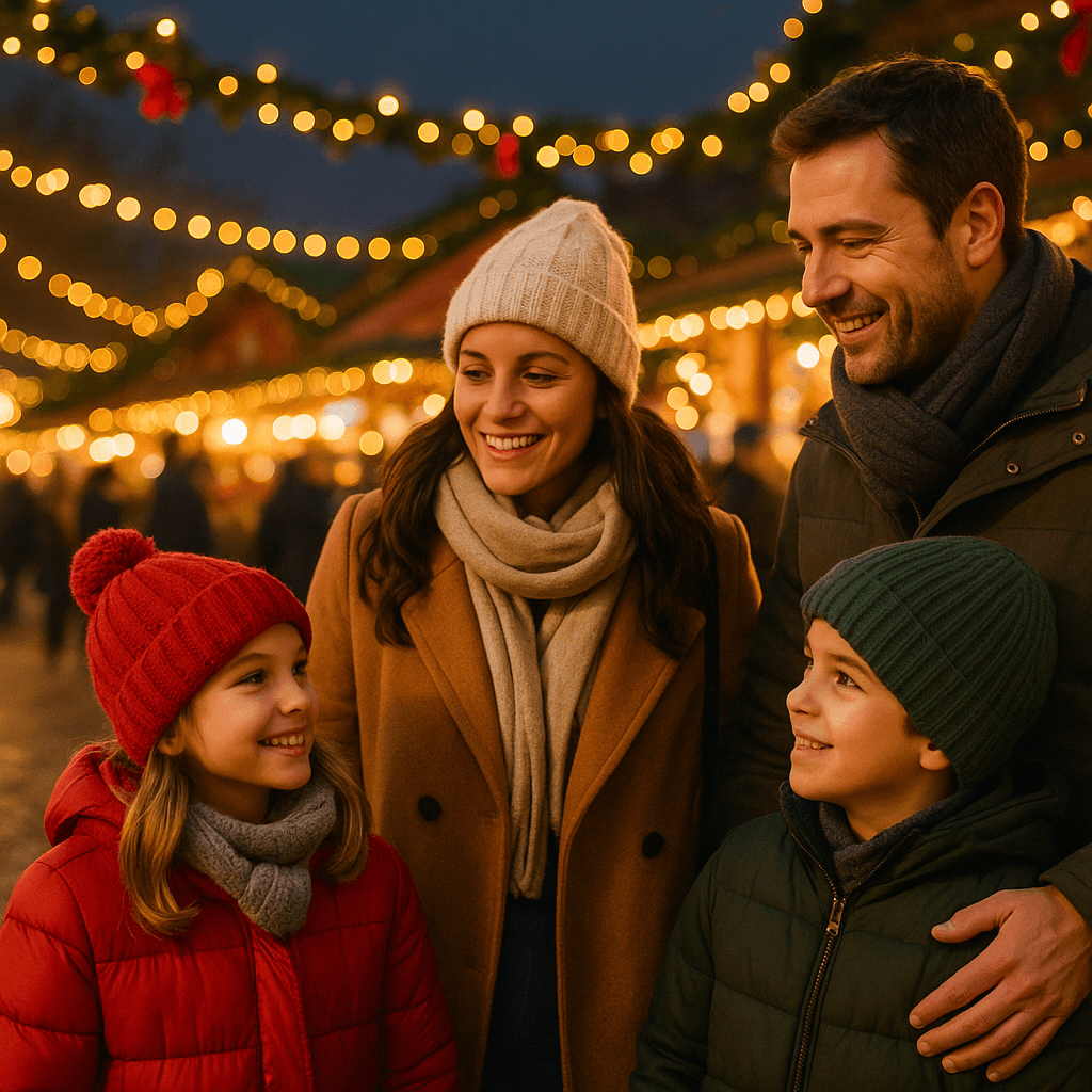 Familia española en mercado navideño del Reino Unido por la tarde con luces festivas