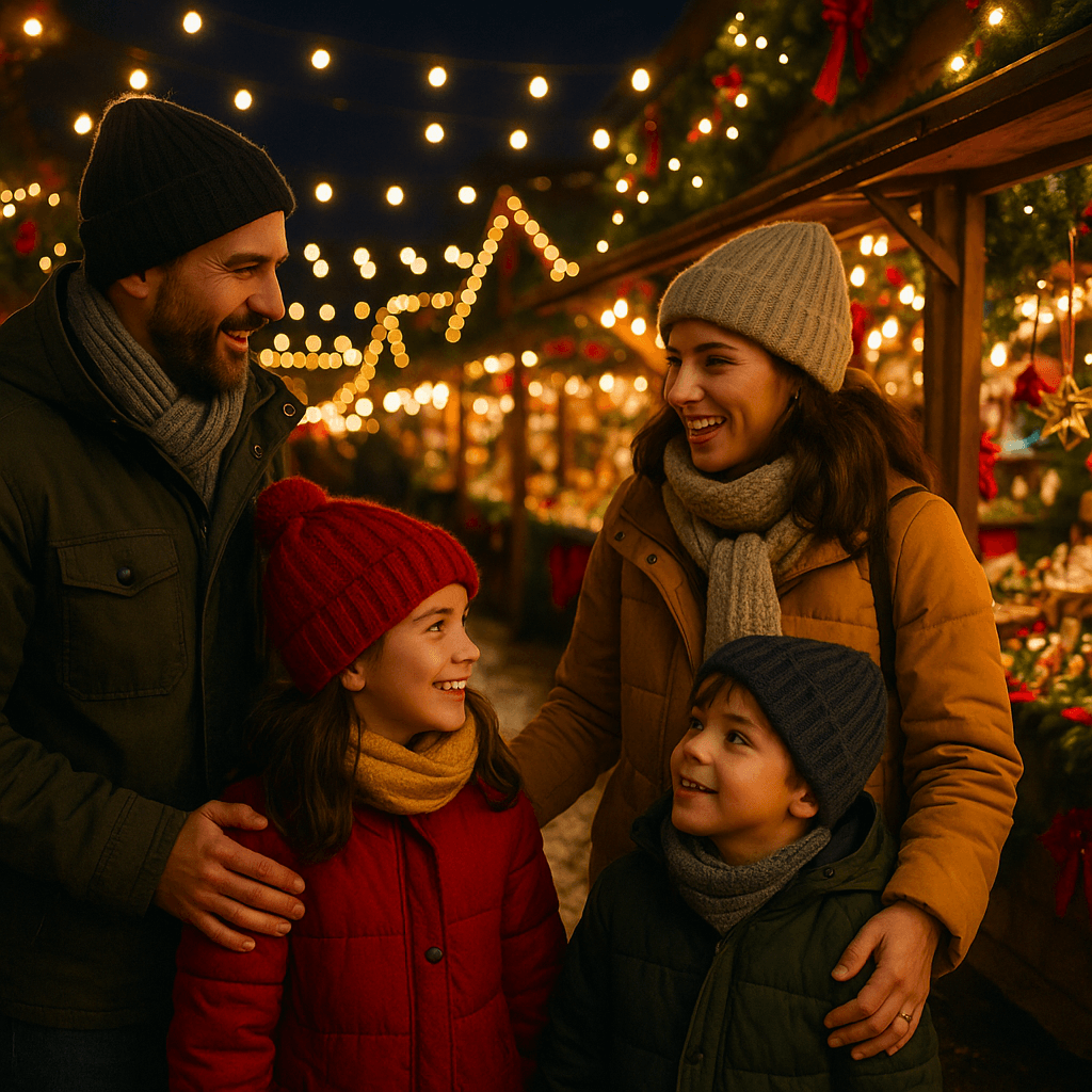 Familia española disfrutando de un mercadillo navideño en Reino Unido al anochecer con luces festivas
