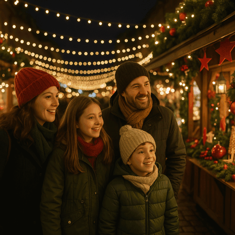 Familia española en mercadillo navideño británico iluminado por la noche