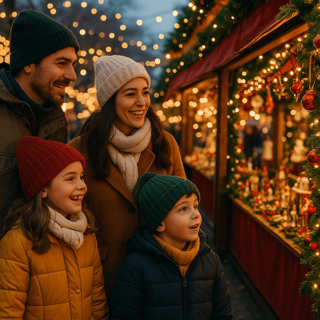 Familia española disfrutando del mercado navideño al aire libre en Reino Unido con luces festivas por la noche