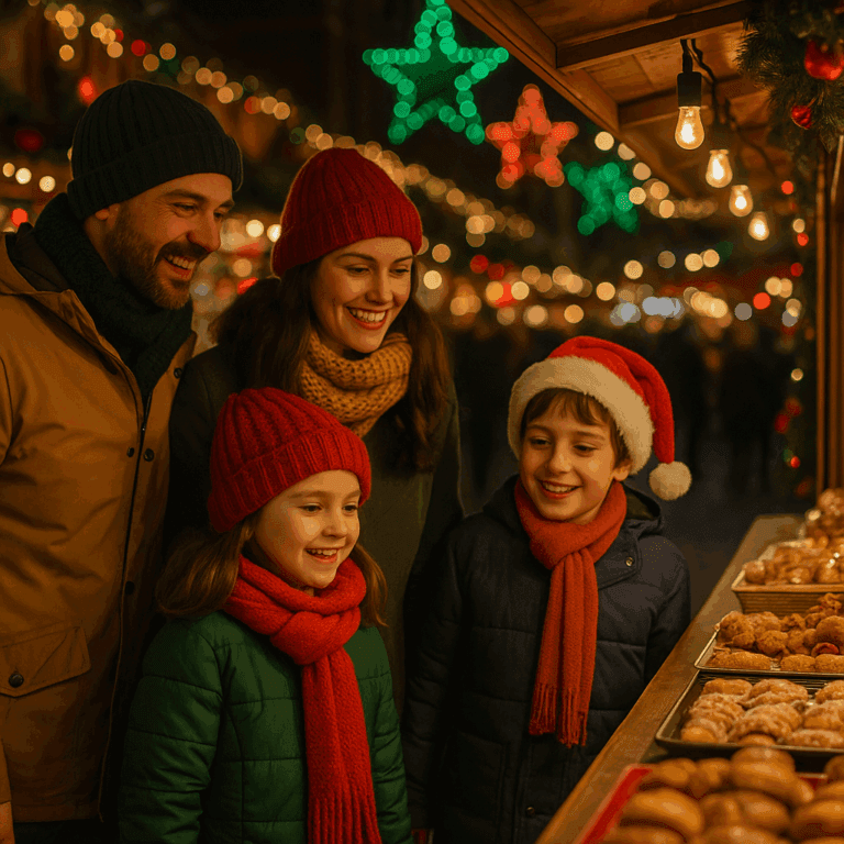 Familia española paseando en un mercadillo navideño del Reino Unido, luces festivas al atardecer