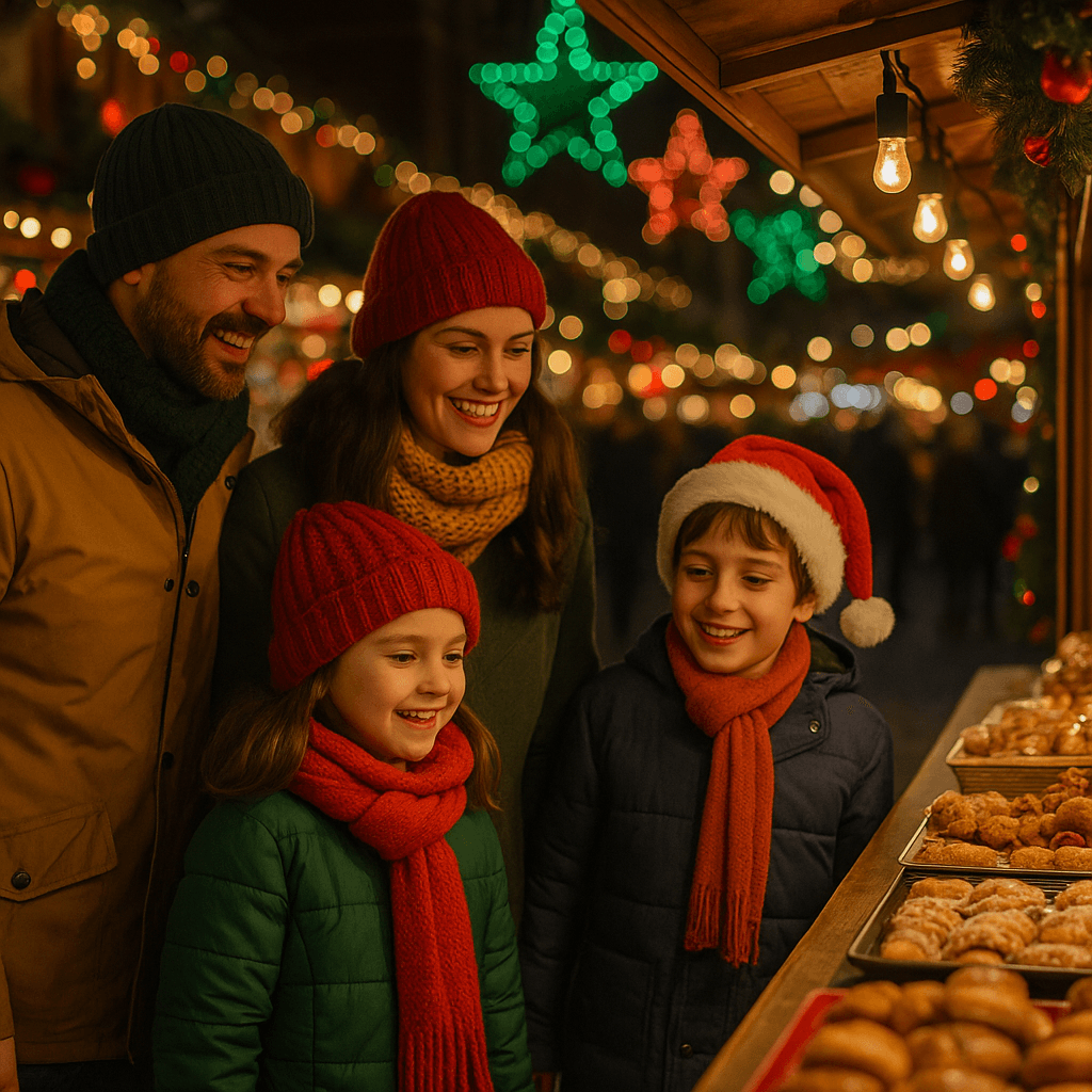 Familia española paseando en un mercadillo navideño del Reino Unido, luces festivas al atardecer