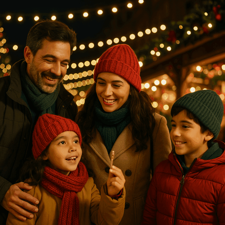 Familia española disfrutando de un mercado navideño en Reino Unido al atardecer con luces festivas