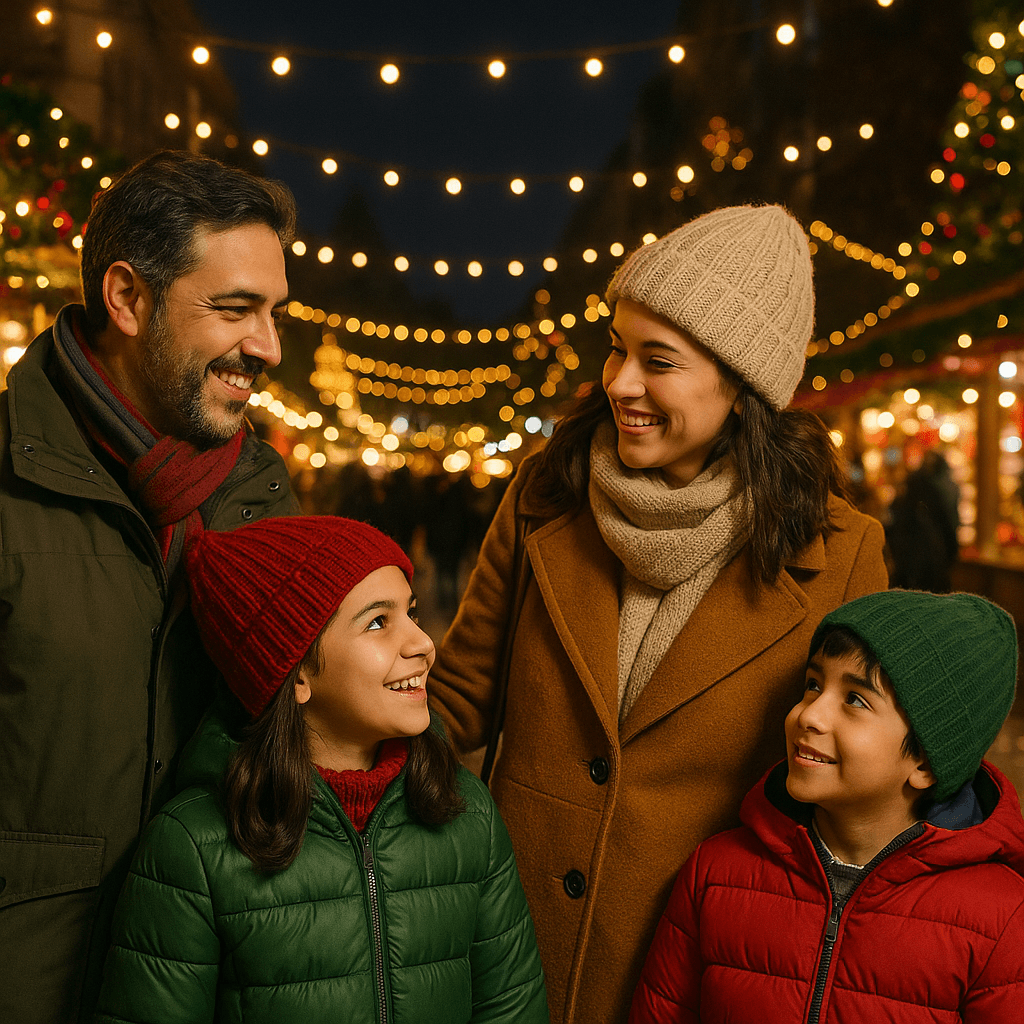 Familia española visitando un mercado navideño en Reino Unido por la tarde con luces festivas