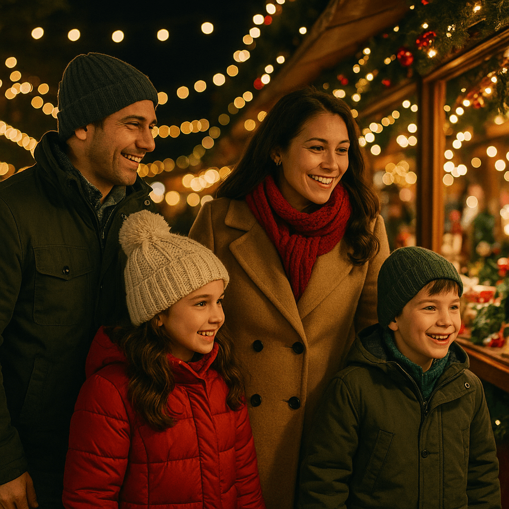 Familia española disfrutando de un mercado navideño en Reino Unido con luces festivas y ambiente nocturno