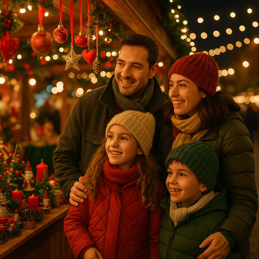 Familia española disfrutando de un mercado navideño en Reino Unido por la tarde con luces festivas