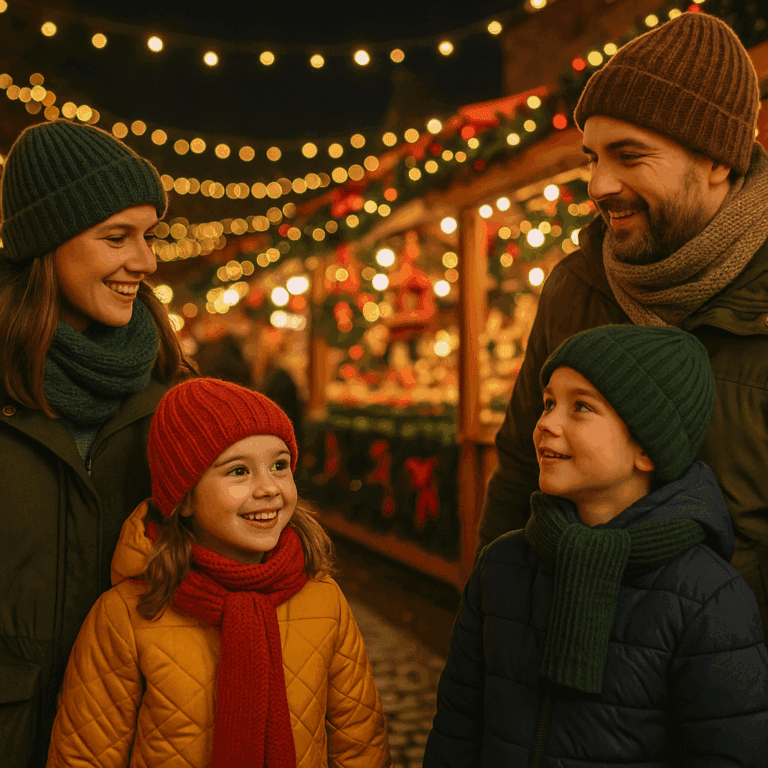 Familia española disfrutando de un mercado navideño en el Reino Unido con luces festivas