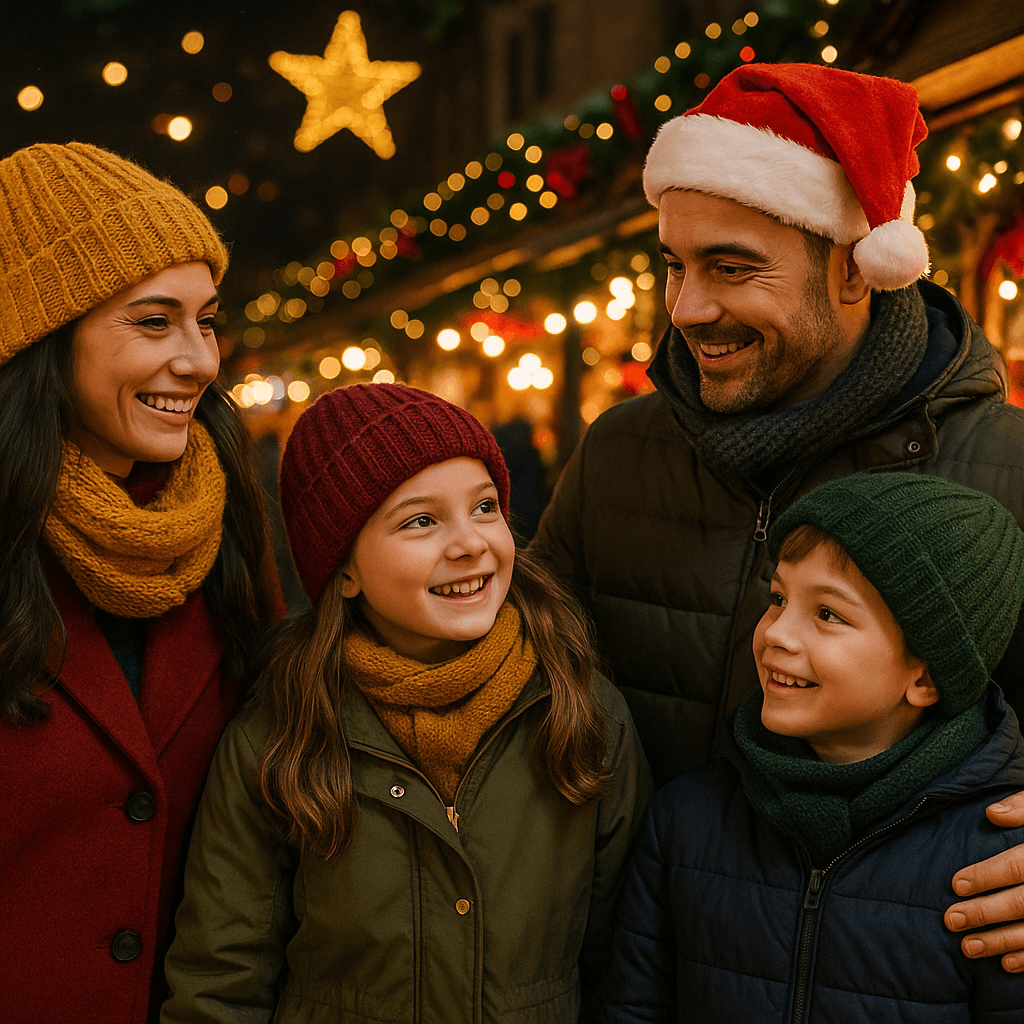 Familia española visitando un mercado navideño en el Reino Unido por la tarde con luces festivas