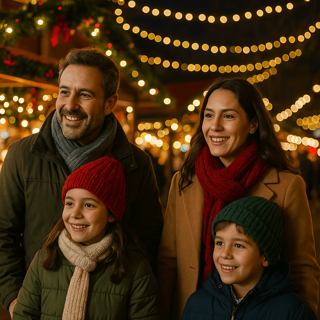 Familia española disfrutando de un mercado navideño en Reino Unido con luces festivas y decoración roja y dorada