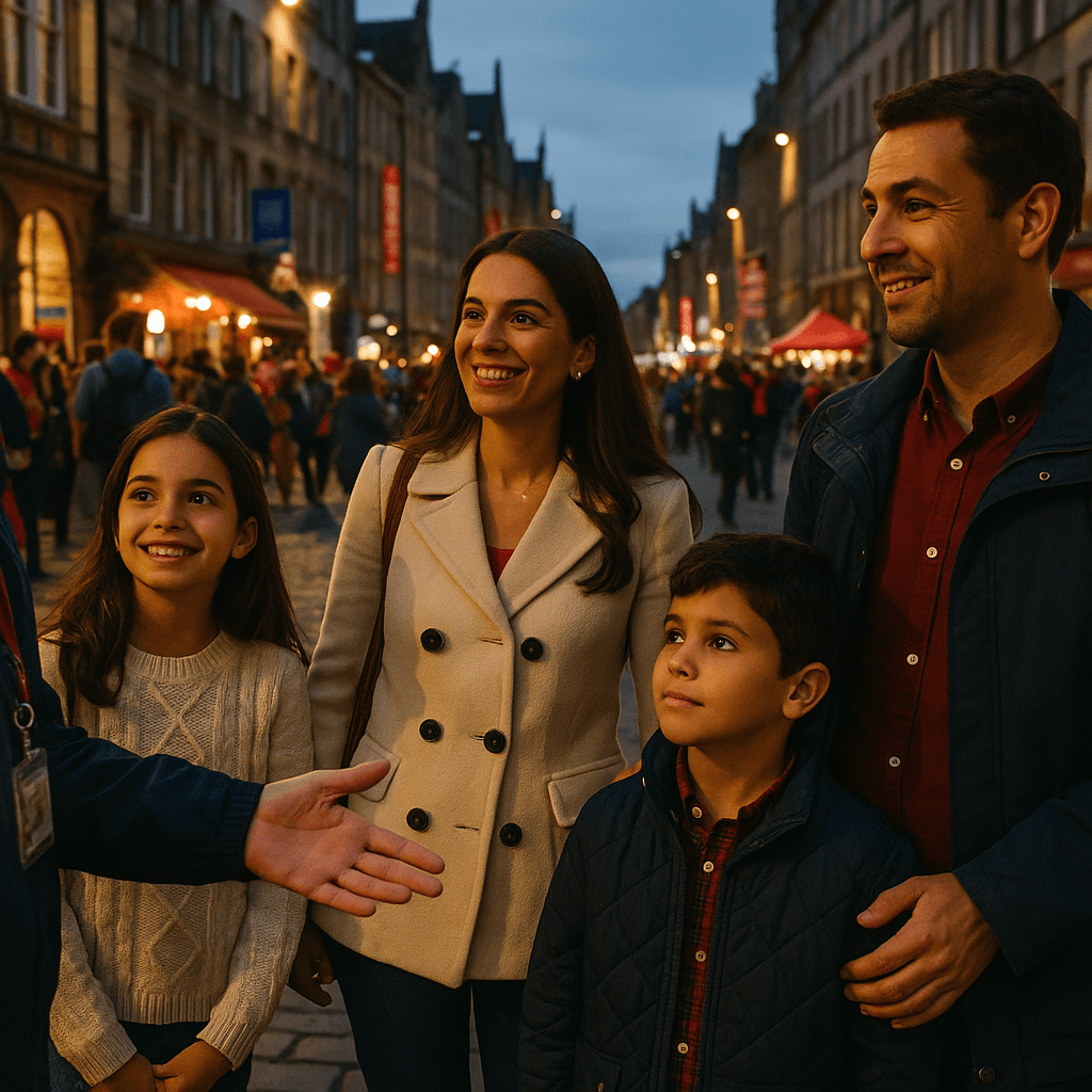Familia española paseando por la Royal Mile de Edimburgo al atardecer