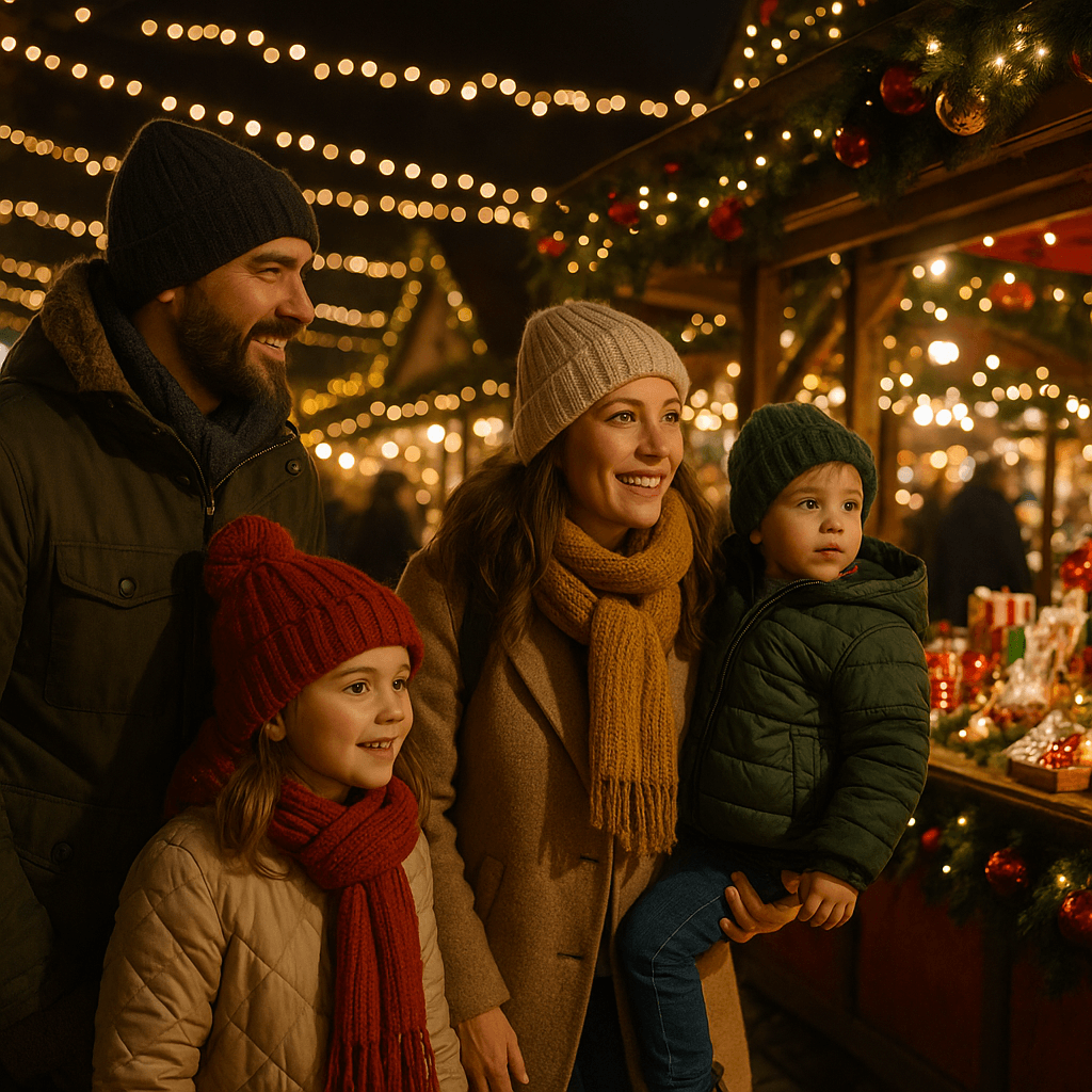 Familia española disfruta del mercado de Navidad en Reino Unido con luces festivas por la tarde