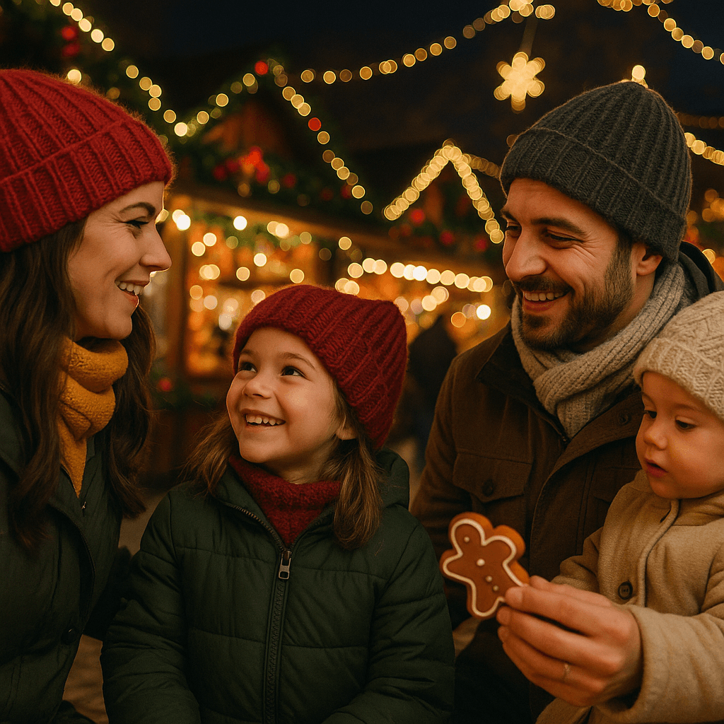 Familia española visitando un mercado navideño al aire libre en Reino Unido con luces festivas