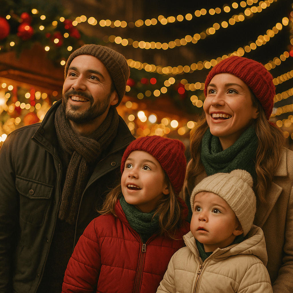 Familia española disfruta del mercado navideño en Reino Unido con luces y decoración festiva