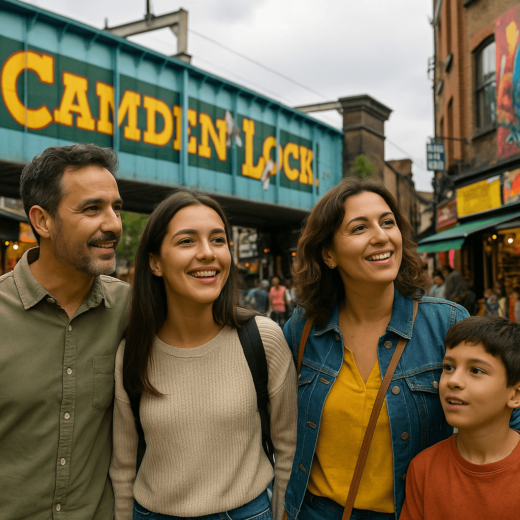 Familia española explorando Camden Market con arte callejero y comida