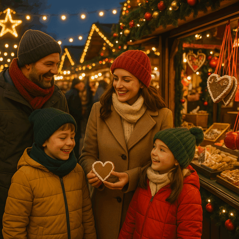Familia española disfrutando un mercadillo navideño en Reino Unido con luces festivas por la tarde