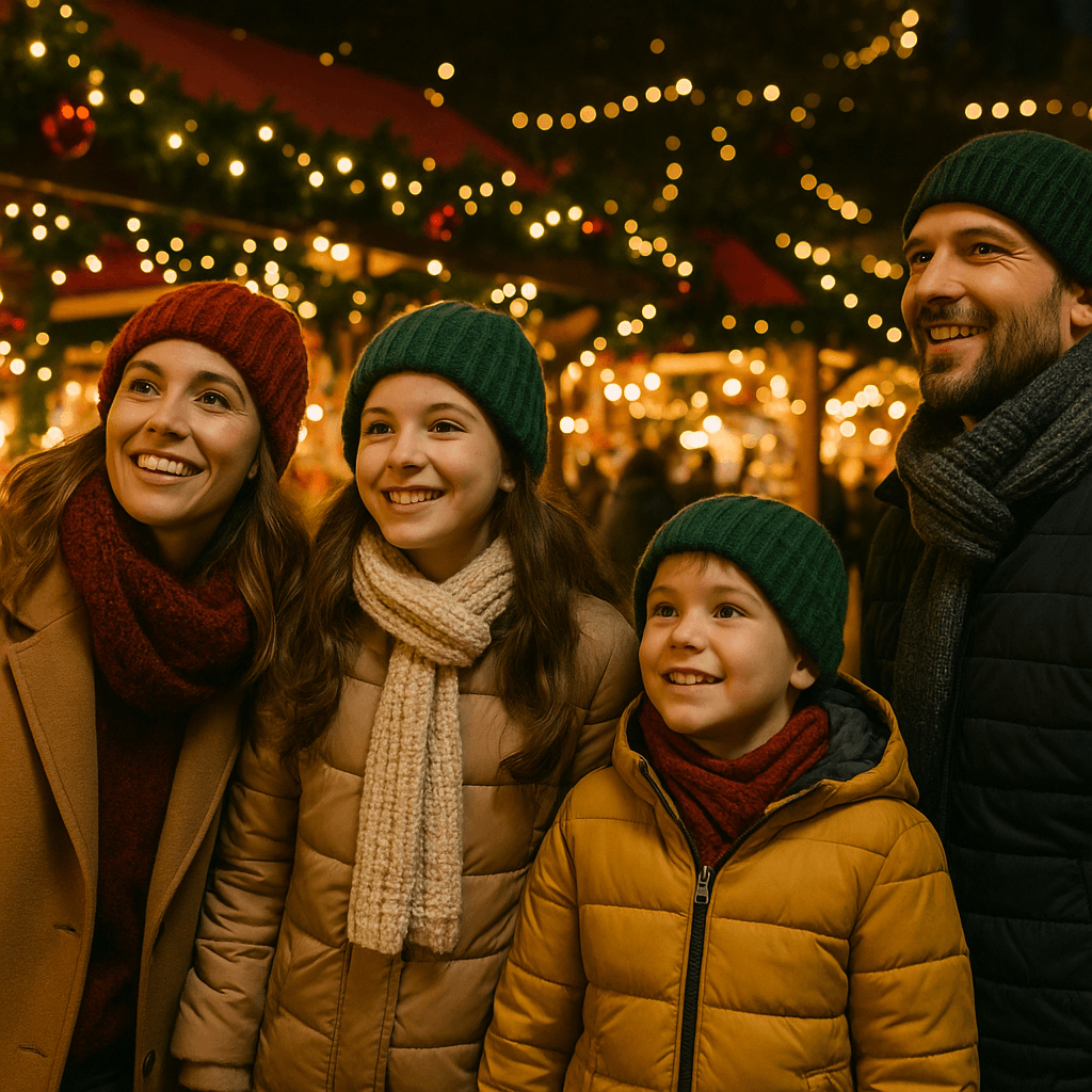 Familia española disfrutando mercado navideño en Reino Unido con luces festivas