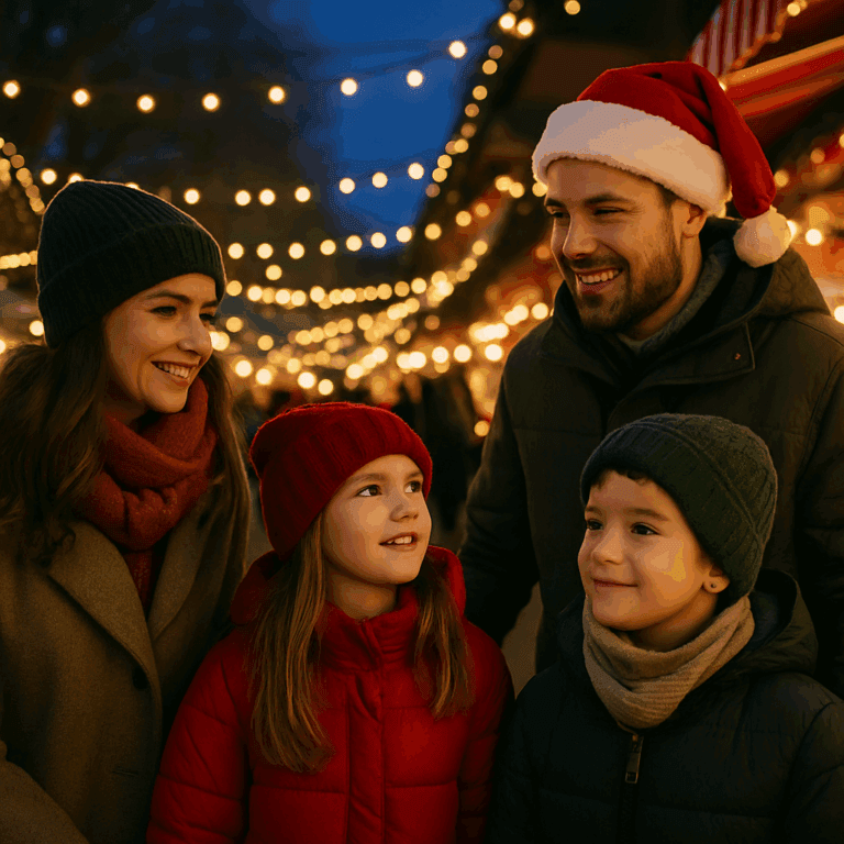Familia española disfruta de mercadillo navideño en Reino Unido por la tarde con luces festivas y ambiente invernal