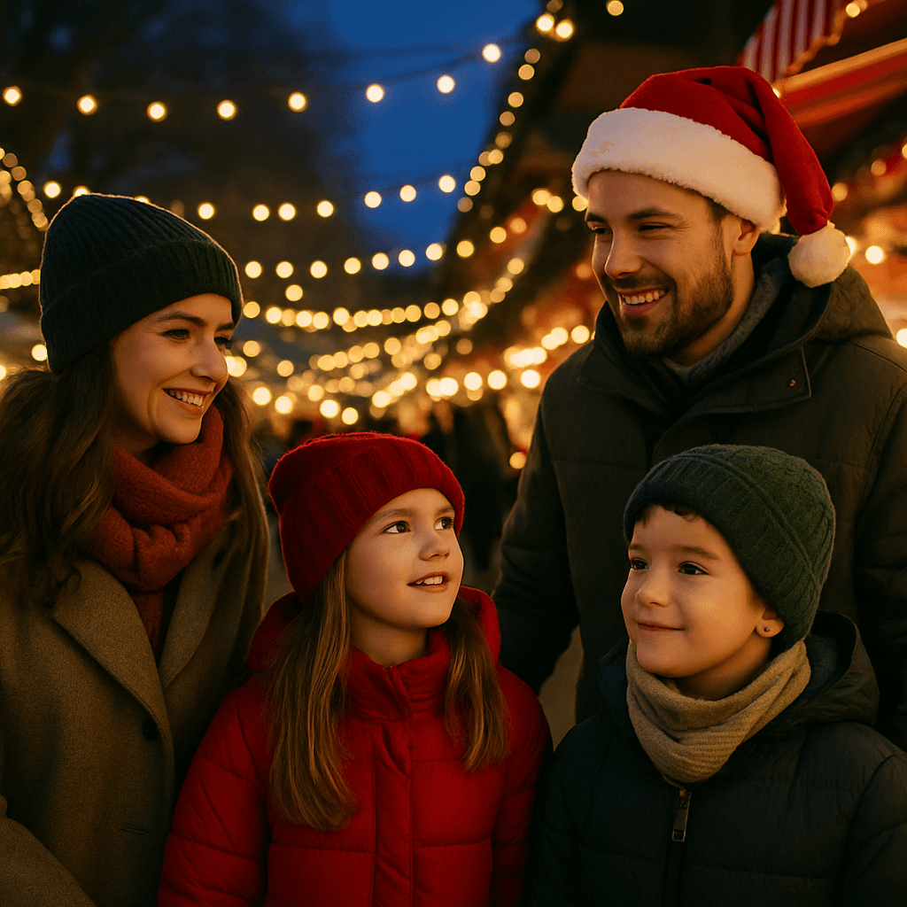 Familia española disfruta de mercadillo navideño en Reino Unido por la tarde con luces festivas y ambiente invernal