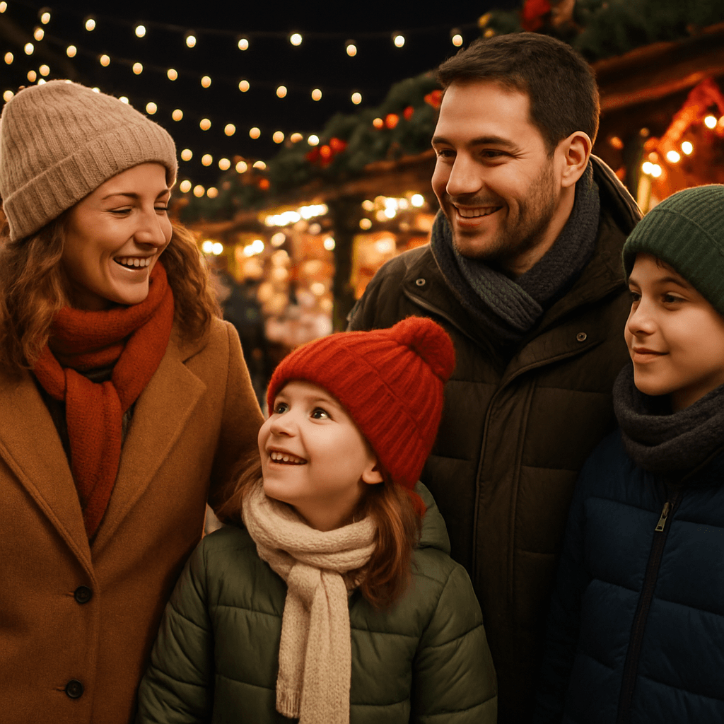 Familia española disfrutando de un mercado navideño en Reino Unido al anochecer con luces festivas