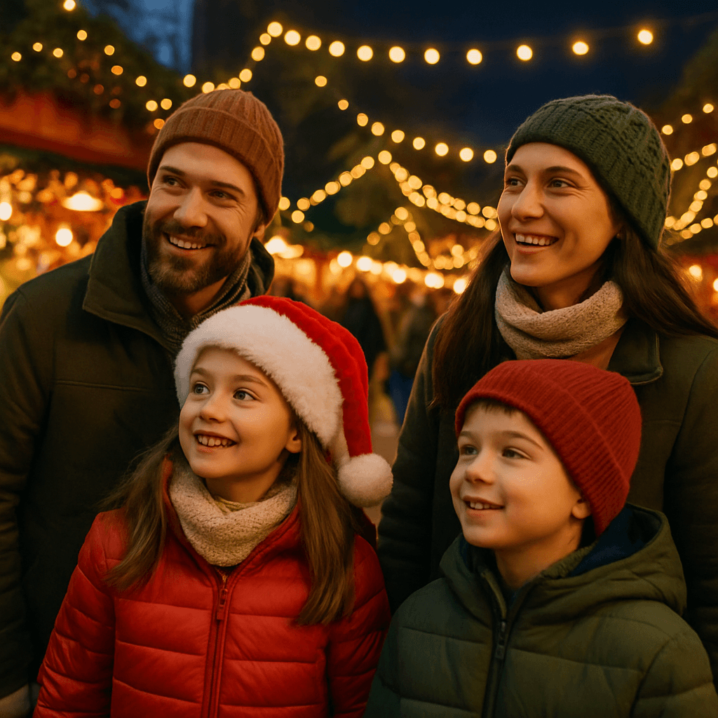 Familia española visitando mercado navideño en Reino Unido durante la tarde con luces festivas