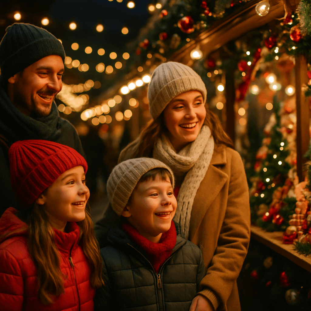 Familia española disfrutando de un mercado navideño en Reino Unido con luces festivas y ambiente nocturno
