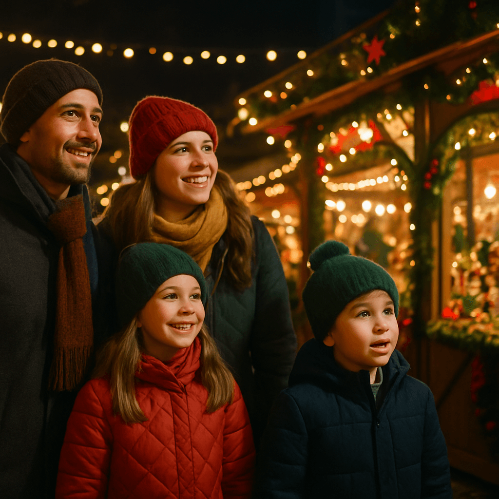 Familia española visitando un mercado navideño británico al anochecer con luces festivas